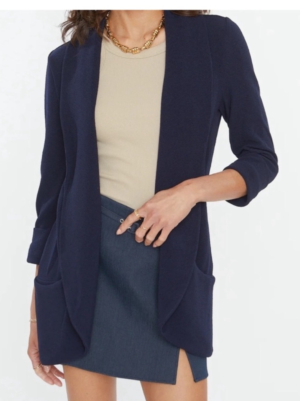 French mauve  navy Open-Front Women's Jacket with Shawl Collar